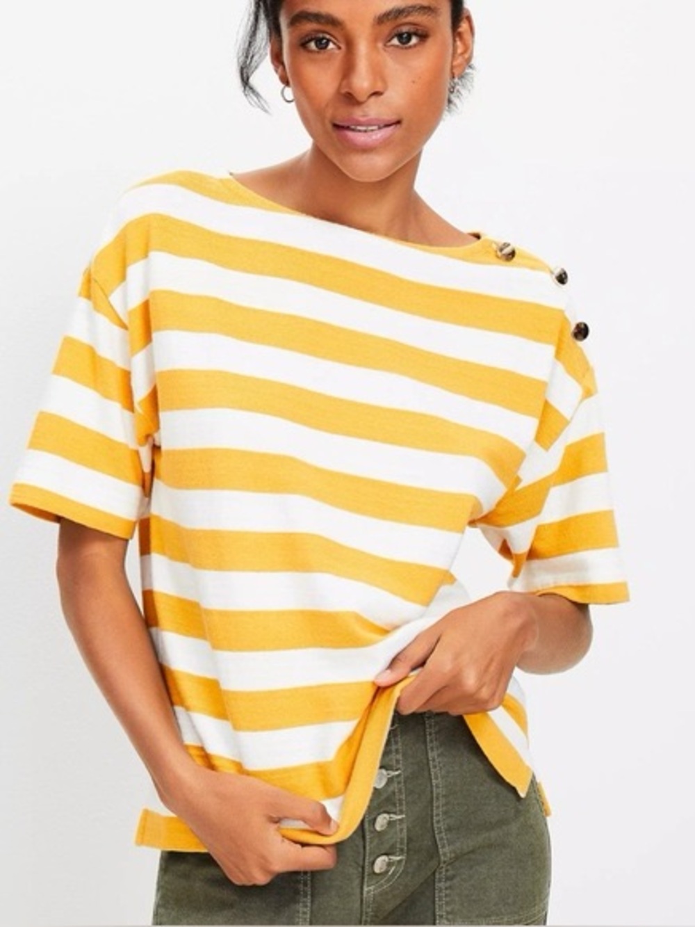 LOFT Mustard Yellow & White Striped Button Shoulder Top Size Large